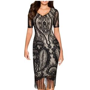 HOMEYEE Women's  Black Bodycon Lace Fringe midi dress size 8